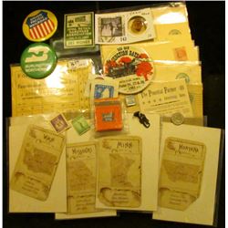 Several old Stamps & Seals; Cracker Jack's Prize Musical Instrument; German Coin; Rail road Train Co