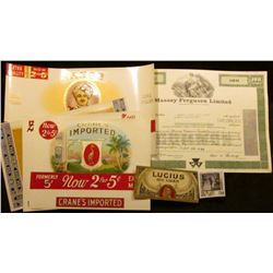 (5) different Mint condition colorful Cigar Box labels and a 1979 Stock Certificate for 100 Shares o