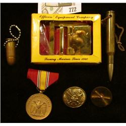 Marine Brass Buckle in original box; empty rifle round Key Chain; empty pistol round key chain; Nati