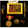 Image 1 : Marine Brass Buckle in original box; empty rifle round Key Chain; empty pistol round key chain; Nati