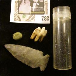 Group of dark blue or black Indian Seed Beads; Old Tooth; Flint Arrowhead; and olive green Jade Cabo