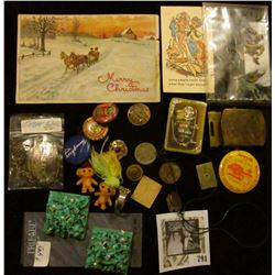 Silver appearing Wine Bottle hangar stating "Cheap Wine"; Omega wristwatch face; pair of gaudy clamp