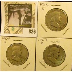 1952 D, 54 D, & 57 D U.S. Silver Franklin Half Dollars.