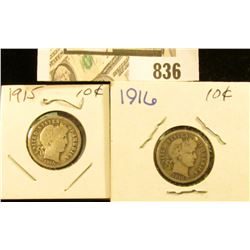 1915 P & 1916 P U.S. Silver Barber Dimes.