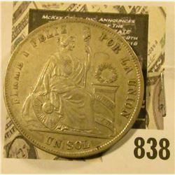 1874 Peru Silver One Sol, VF.