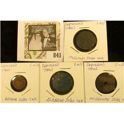 (4) Depression Era Sales Tax Tokens. Alabama, Arizona, and two different Missouri.