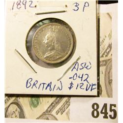 1892 Great Britain Silver Three Pence, VF.