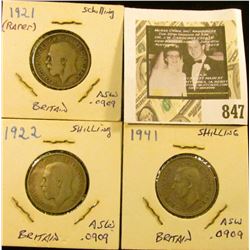 1921, 22, & 41 Great Britain Silver Shillings, grades up to VF.