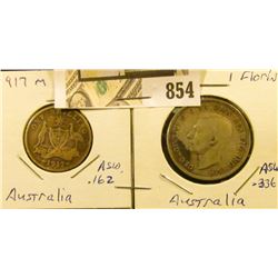 1917M Silver Schilling VG & 1942 Silver Florin, Fine Australia.