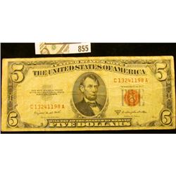 Series 1953B $5 United States "Red Seal" Bank Note, VG.