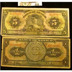 Mexico One Peso Series F & Five Peso 1942 Bank notes.
