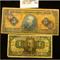 One Thousand and Five Thousand Reis Brazilian Bank Notes, both autographed across the front..