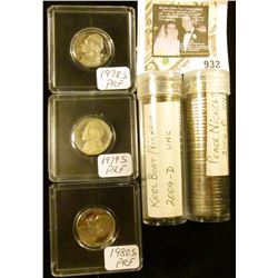 3 Proof Jefferson Nickels 78-S, 79-S, 80-S,  2 UNC rolls 2004-D Keel Boat, 2004-P Peace Jefferson Ni