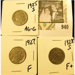 3 Buffalo Nickels  1925 S AG-G, 1927 F, 1928 S F+