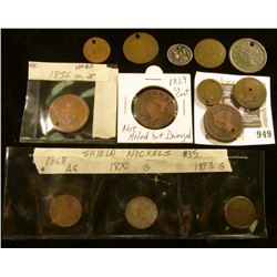 Group of mostly holed older coins, low grade, damaged: 3 - 1850's Large Cents (1829 not holed but da