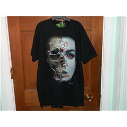 T-SHIRT - HEAVY COTTON  ROCK CHANG - GLOW IN DARK - HALF SKULL & HALF SKIN WITH RED EYES AND BARBED 