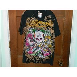 T-SHIRT - ED HARDY - WITH COLORED JEMS ATTACHED - "ED HARDY BY CHRISTIAN AUDIGER" - 3 SKULLS - MIDDL