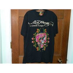T-SHIRT - ED HARDY - WITH COLORED JEMS ATTACHED - "ED HARDY BY CHRISTIAN AUDIGER" - SKULL WITH PINK 