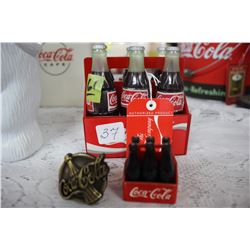 2 Miniature Coca Cola Six Packs and a Small Handle