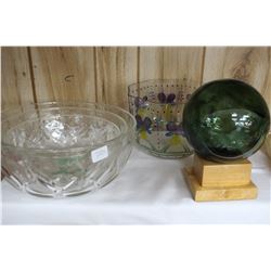 Japanese Gill Net Float Ball on Wooden Stand and Four Bowls (Floral Bowl is Chipped)