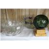 Image 1 : Japanese Gill Net Float Ball on Wooden Stand and Four Bowls (Floral Bowl is Chipped)