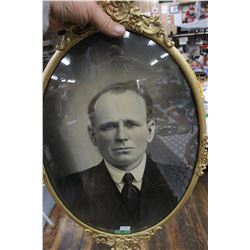 Man's Portrait in Metal Oval Convex Glass Frame