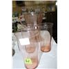 Image 1 : Pink Depression Glass Pitcher and Three Pink Glasses