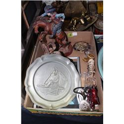 Flat of Horse Related Items - Belt Buckle, Bell, Pewter Plate, Man on Bronco, etc.