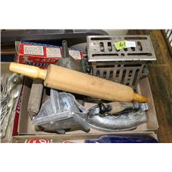 Box of Vintage Kitchenware - Toaster, 3 Irons, Juicer, Rolling Pin