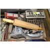 Image 1 : Box of Vintage Kitchenware - Toaster, 3 Irons, Juicer, Rolling Pin
