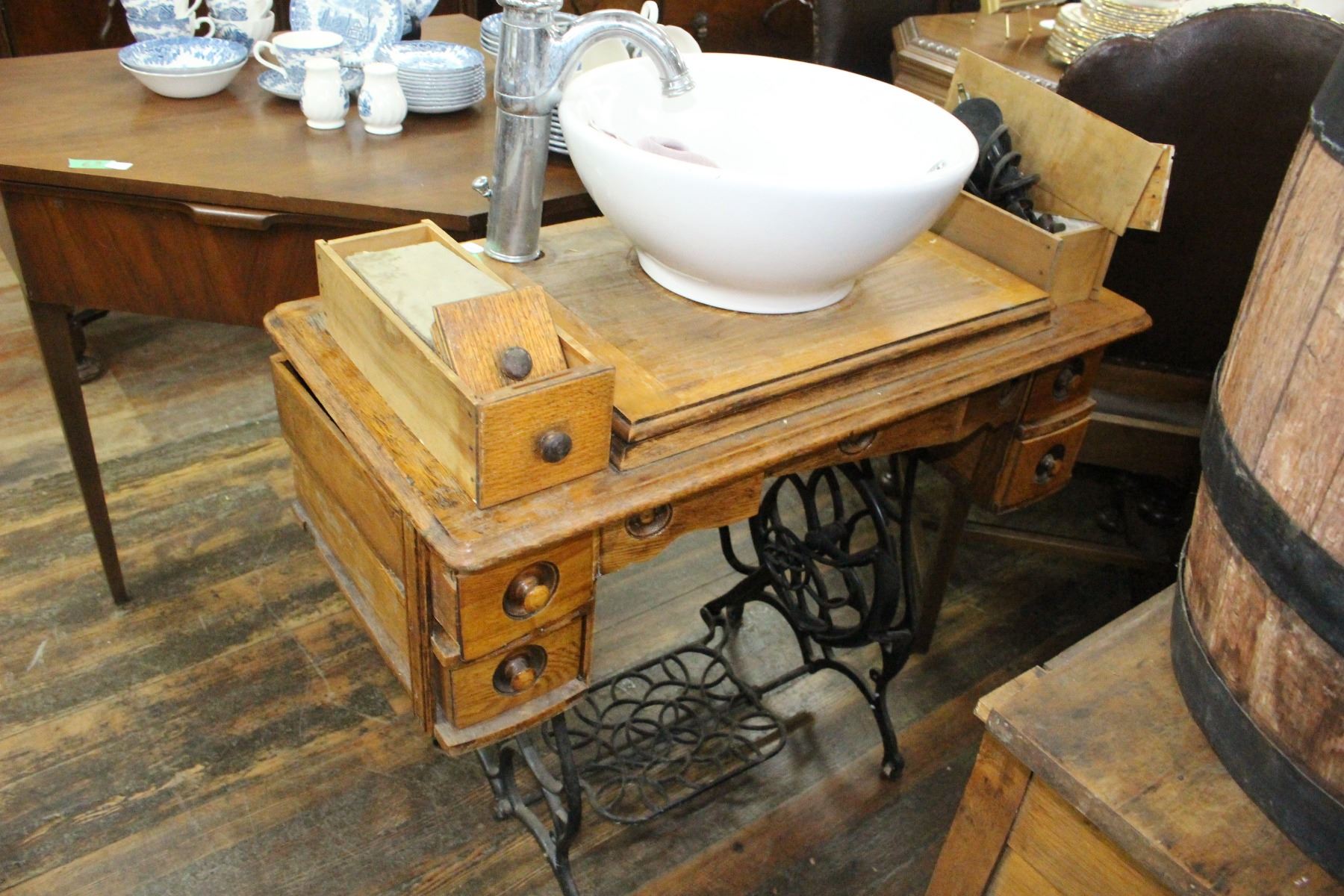 Vintage Sewing Machine Used As Bathroom Cabinet With Working Sink