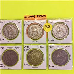Mexico, 6 Silver 1 Peso coins, 1958, 1959, 1960, 1962 (2), 1966