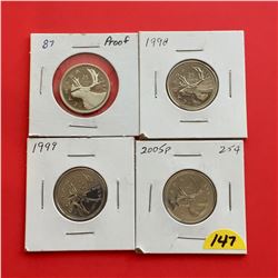 1987 (Proof), 1998, 1999, 2005P Canada 25¢