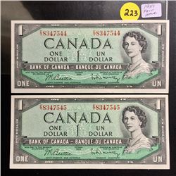 2 Canada 1954 UNC $1 bills (Consecutive) Beattie/Rasminsky