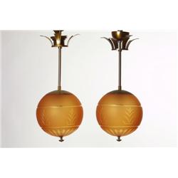 Ceilinglamps, 2 , brass/glass, art deco