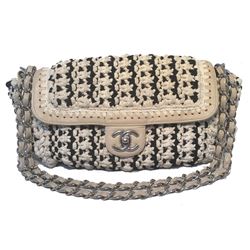 Limited Edition Chanel Black and White Woven Rope Classic Flap Shoulder Bag