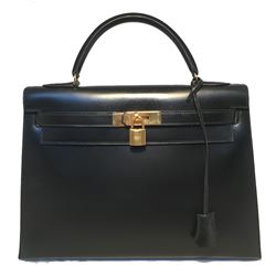 Hermes Vintage Black Box Calf 32cm Kelly Bag