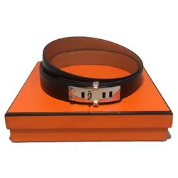 Hermes 95cm Black Leather Silver PDH Belt