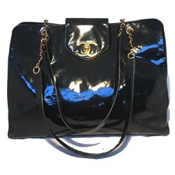 Chanel Black Patent Leather Model Overnighter Tote