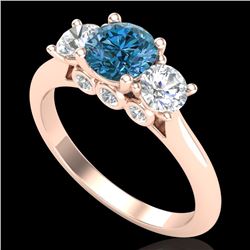 1.5 CTW Intense Blue Diamond Solitaire Art Deco 3 Stone Ring 18K Rose Gold - REF-174H5A - 38266