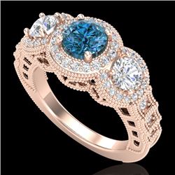 2.16 CTW Intense Blue Diamond Solitaire Art Deco 3 Stone Ring 18K Rose Gold - REF-270F9N - 37671