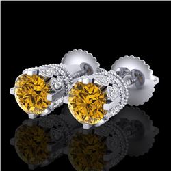 3 CTW Intense Fancy Yellow Diamond Art Deco Stud Earrings 18K White Gold - REF-349F3N - 37364