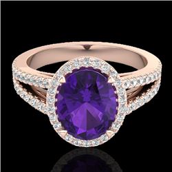 3 CTW Amethyst & Micro VS/SI Diamond Halo Solitaire Ring 14K Rose Gold - REF-58A2X - 20926