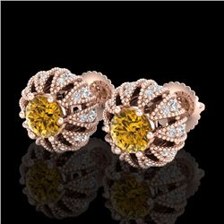 2.01 CTW Intense Fancy Yellow Diamond Art Deco Stud Earrings 18K Rose Gold - REF-210K9W - 37736