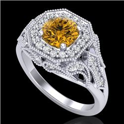 1.75 CTW Intense Fancy Yellow Diamond Engagement Art Deco Ring 18K White Gold - REF-236N4Y - 38281