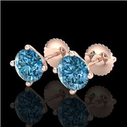 2 CTW Fancy Intense Blue Diamond Solitaire Art Deco Earrings 18K Rose Gold - REF-272Y8K - 38245