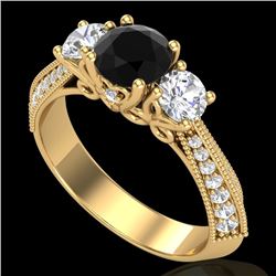 1.81 CTW Fancy Black Diamond Solitaire Art Deco 3 Stone Ring 18K Yellow Gold - REF-180F2N - 38026