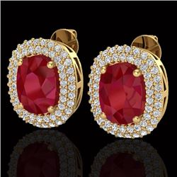 6.30 CTW Ruby & Micro Pave VS/SI Diamond Halo Earrings 18K Yellow Gold - REF-160X9T - 20125