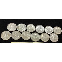 12 Silver Walking Liberty Half Dollars
