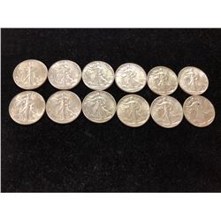 12 Silver Walking Liberty Half Dollars